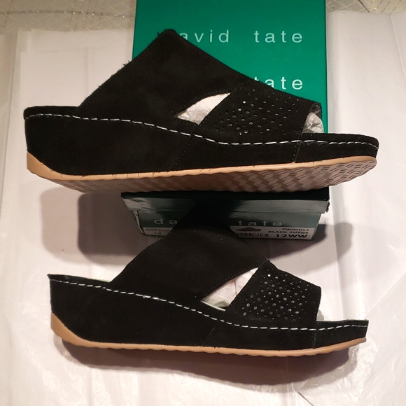 David Tate New Wedge Mule Sandals Slip-On Clog NWT Perf Suede BLACK Women's 12 - Picture 12 of 13